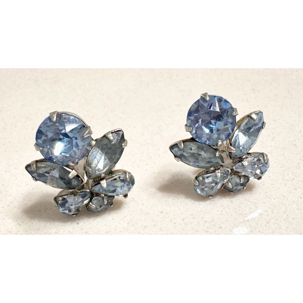 Vintage Light Blue Rhinestone Cluster Clip On Earrings Silver Tone Floral Retro